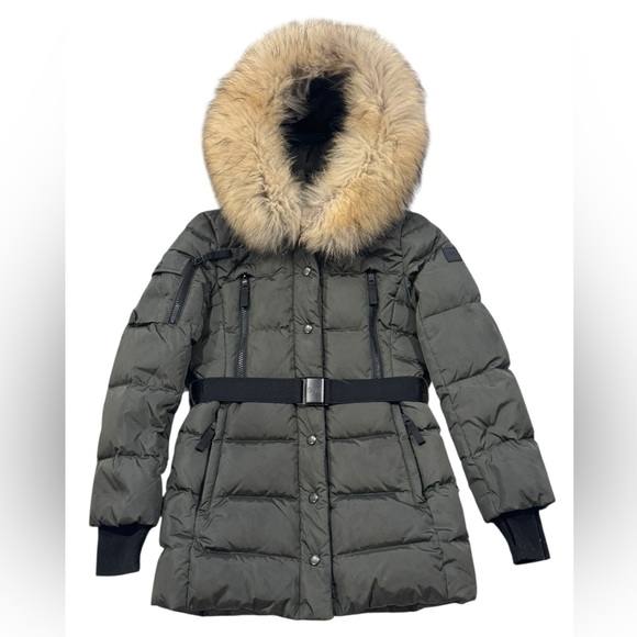 SAM.***Long Olive Green Belt Puffer Jacket Hooded w/Fur Trim***Size 10 $495 EUC - Picture 4 of 9
